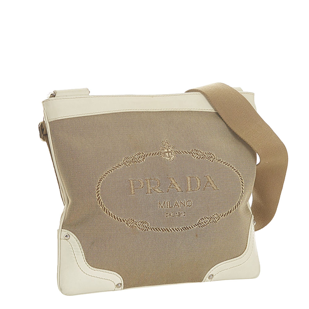 

Prada Brown/White Leather trimmed Canapa Crossbody Bag