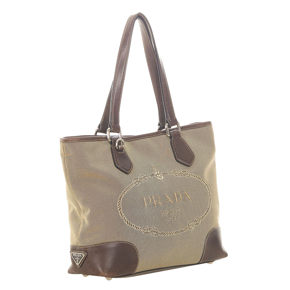 

Prada Brown Leather trimmed Canapa Tote Bag, Beige