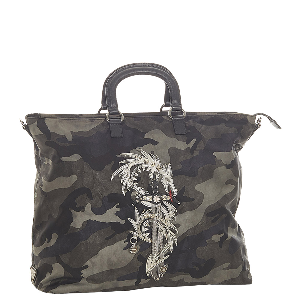 

Prada Black Nylon Tessuto Camouflage Dragon Tote Bag