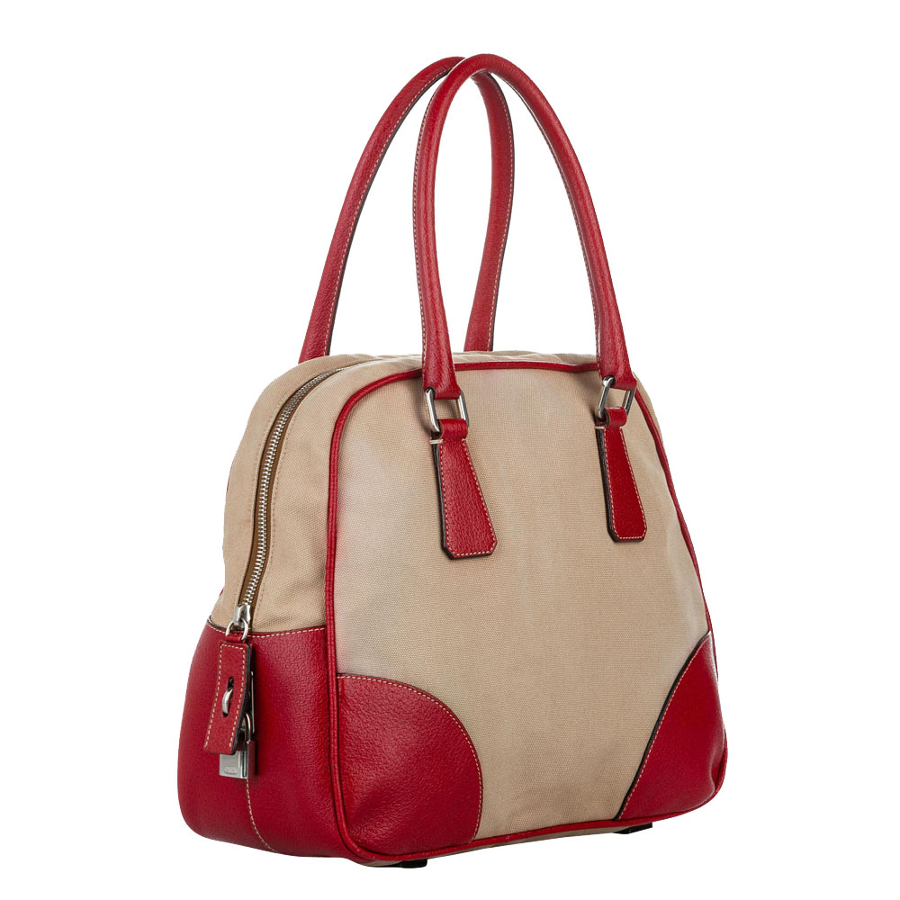 

Prada Brown/Red Leather trimmed Canapa Bauletto Bag