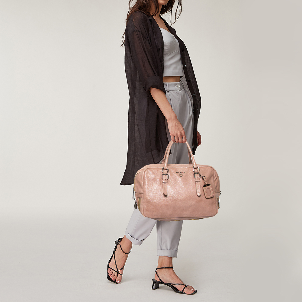 

Prada Pink Cervo Lux Leather Zippers Bauletto Bag
