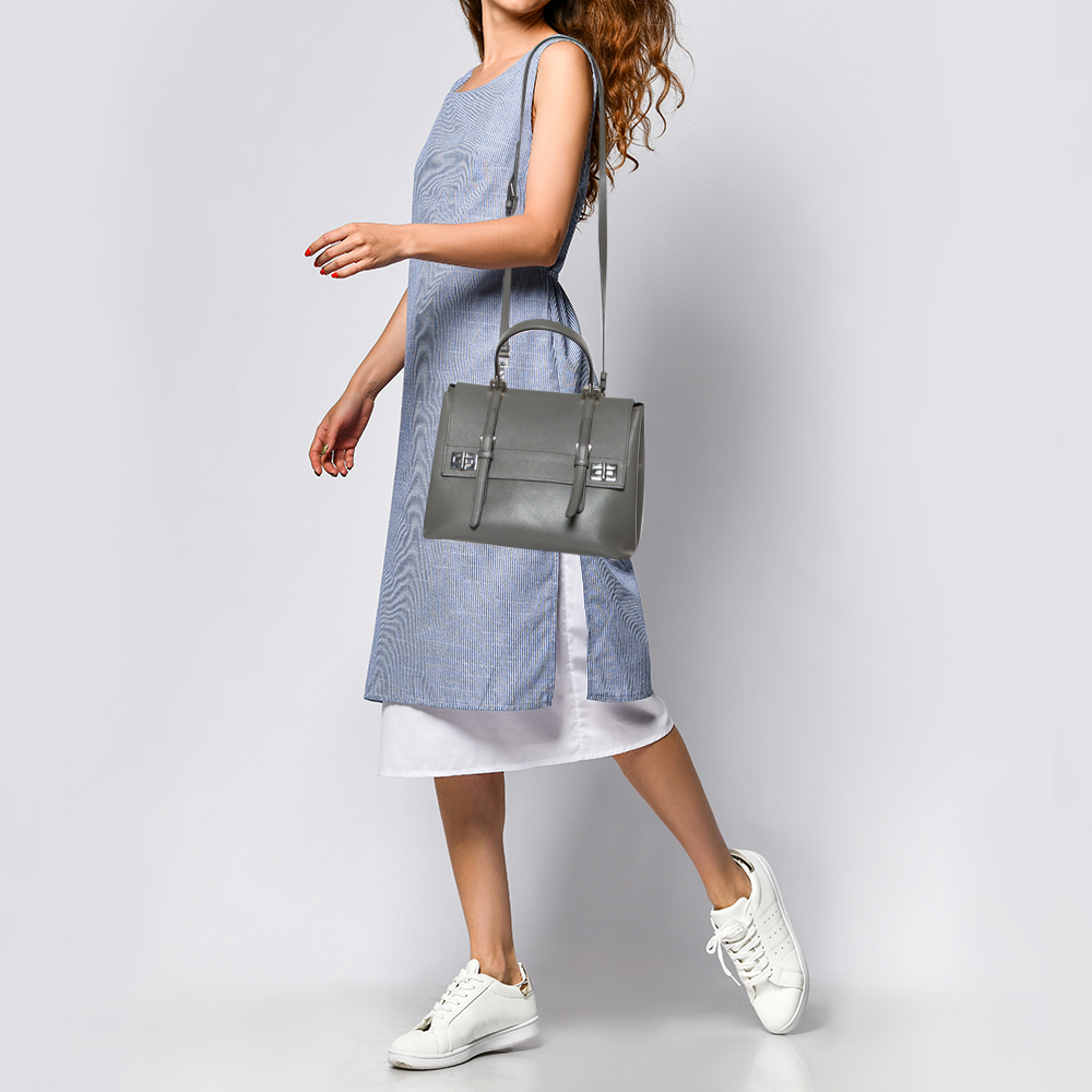 

Prada Grey Saffiano Lux Leather Double Turn Lock Top Handle Bag