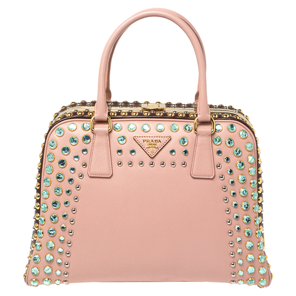 Pre Owned Prada Pink/Plum Saffiano Lux Leather Pyramid Frame Bag