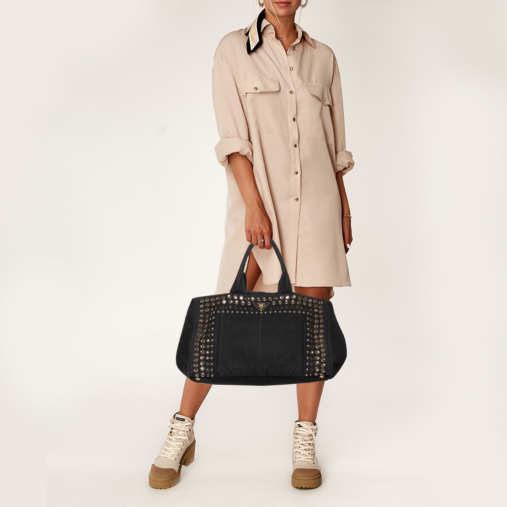

Prada Black Canvas Crystal Embellished Canapa Tote