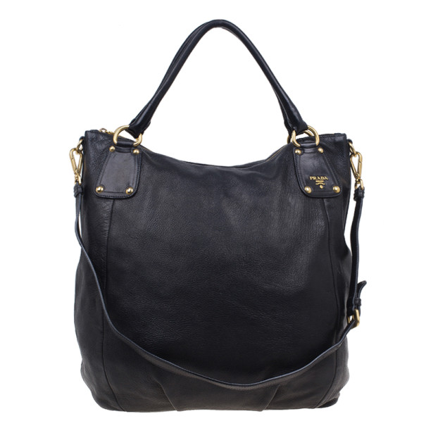 Pre Owned Prada Black Leather Cervo Shine Shoulder Bag