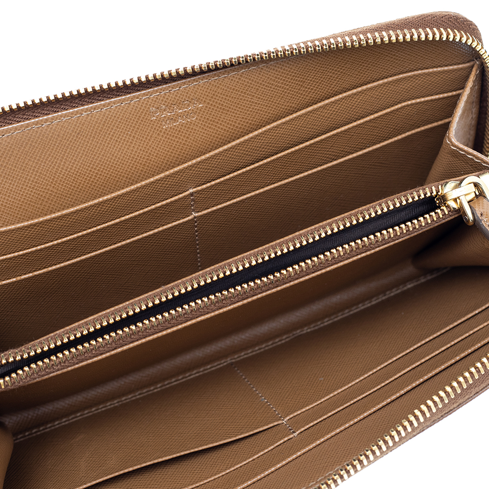 

Prada Caramel Saffiano Lux Leather Zip Around Wallet, Beige