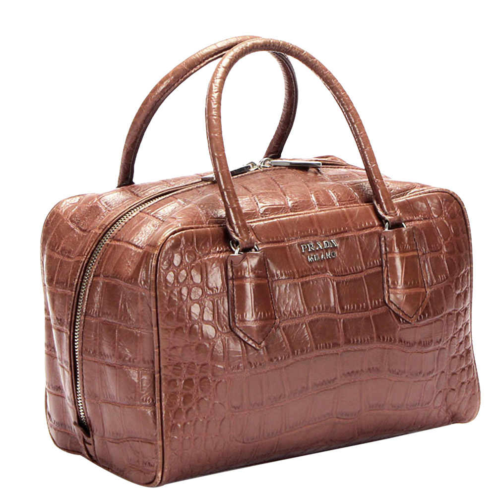 

Prada Brown Croc Embossed Leather Satchel Bag