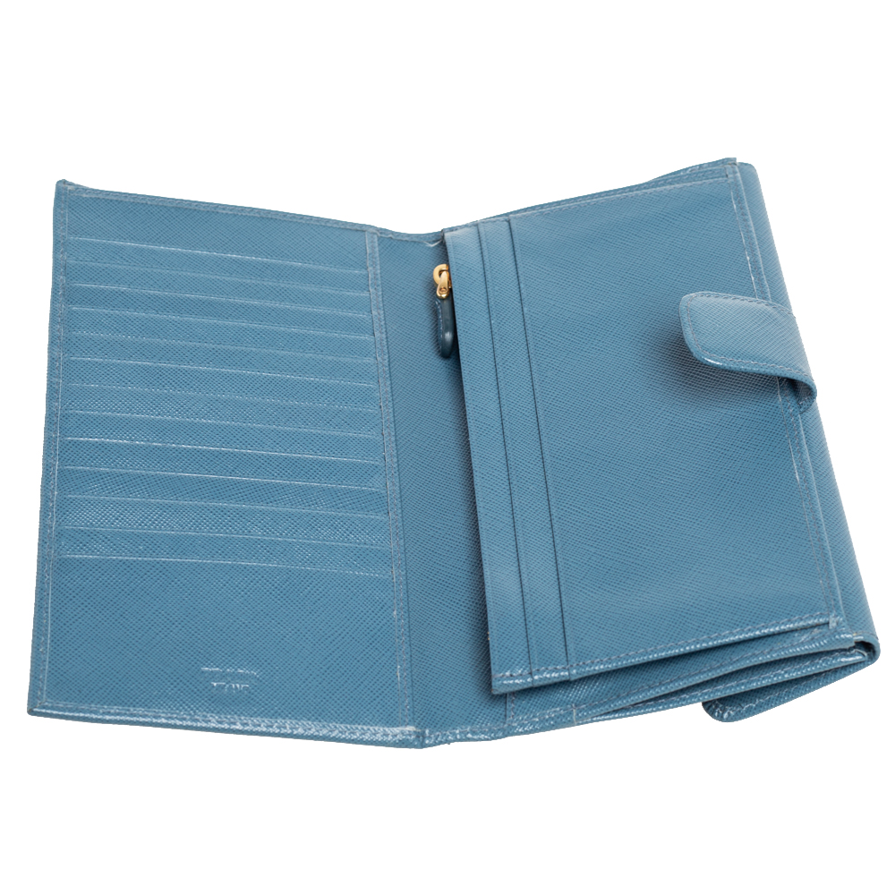 

Prada Teal Blue Saffiano Lux Leather Logo Flap Long Wallet