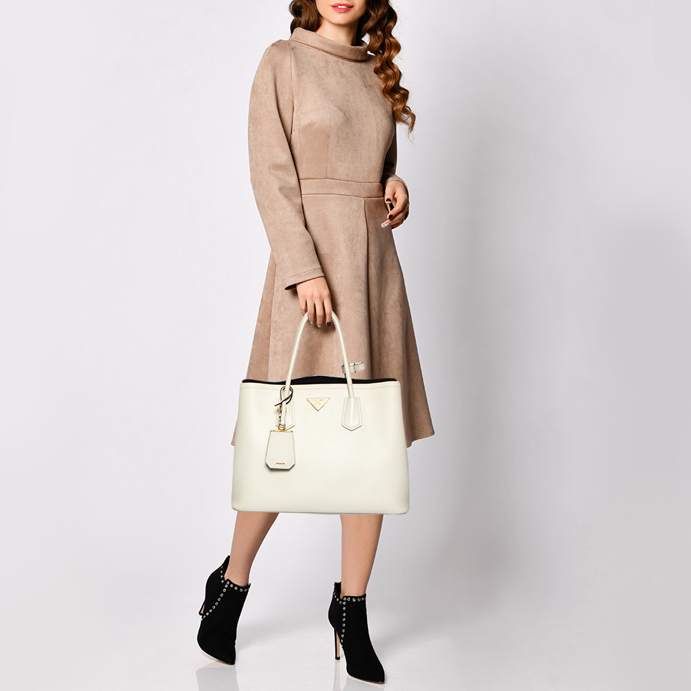 

Prada Off White Saffiano Cuir Leather Large Double Handle Tote