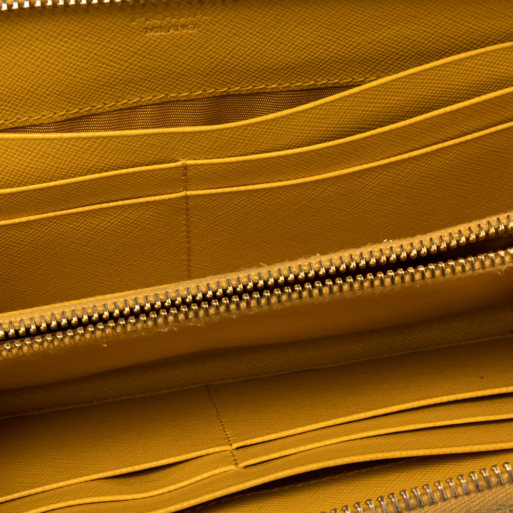 

Prada Mustard Saffiano Lux Leather Zip Around Continental Wallet, Yellow
