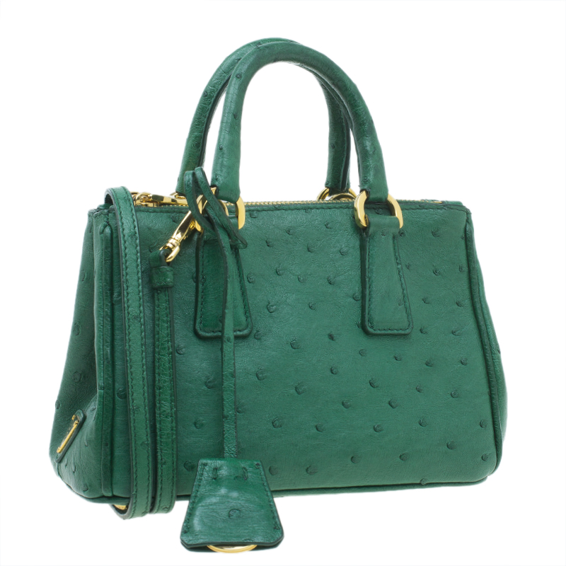 Prada Green Ostrich Leather Mini Double Zip Crossbody Bag