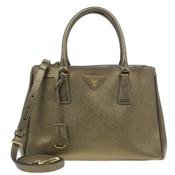 Pre Owned Prada Bronze Saffiano Lux Leather Small Double Zip Tote