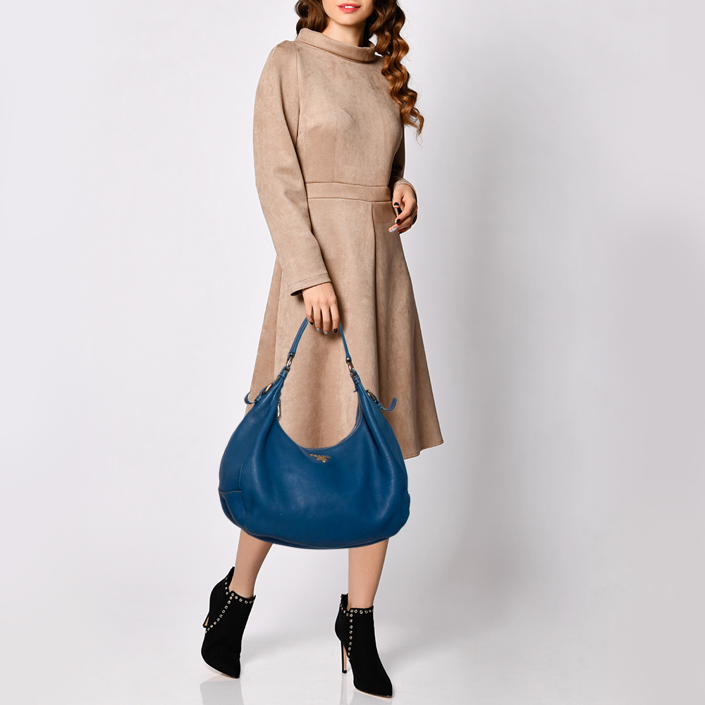 

Prada Blue Leather Daino Top Zip Hobo