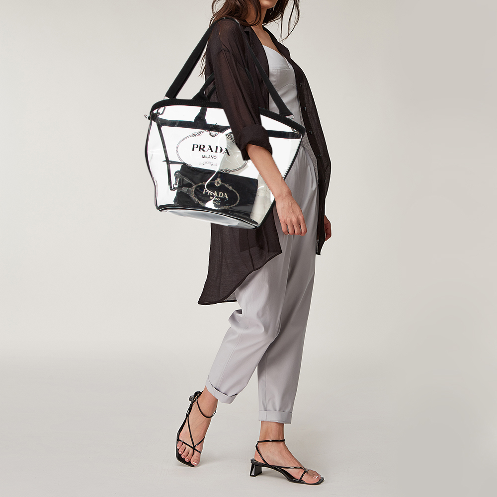 

Prada White/Transparent PVC Logo Tote, Black