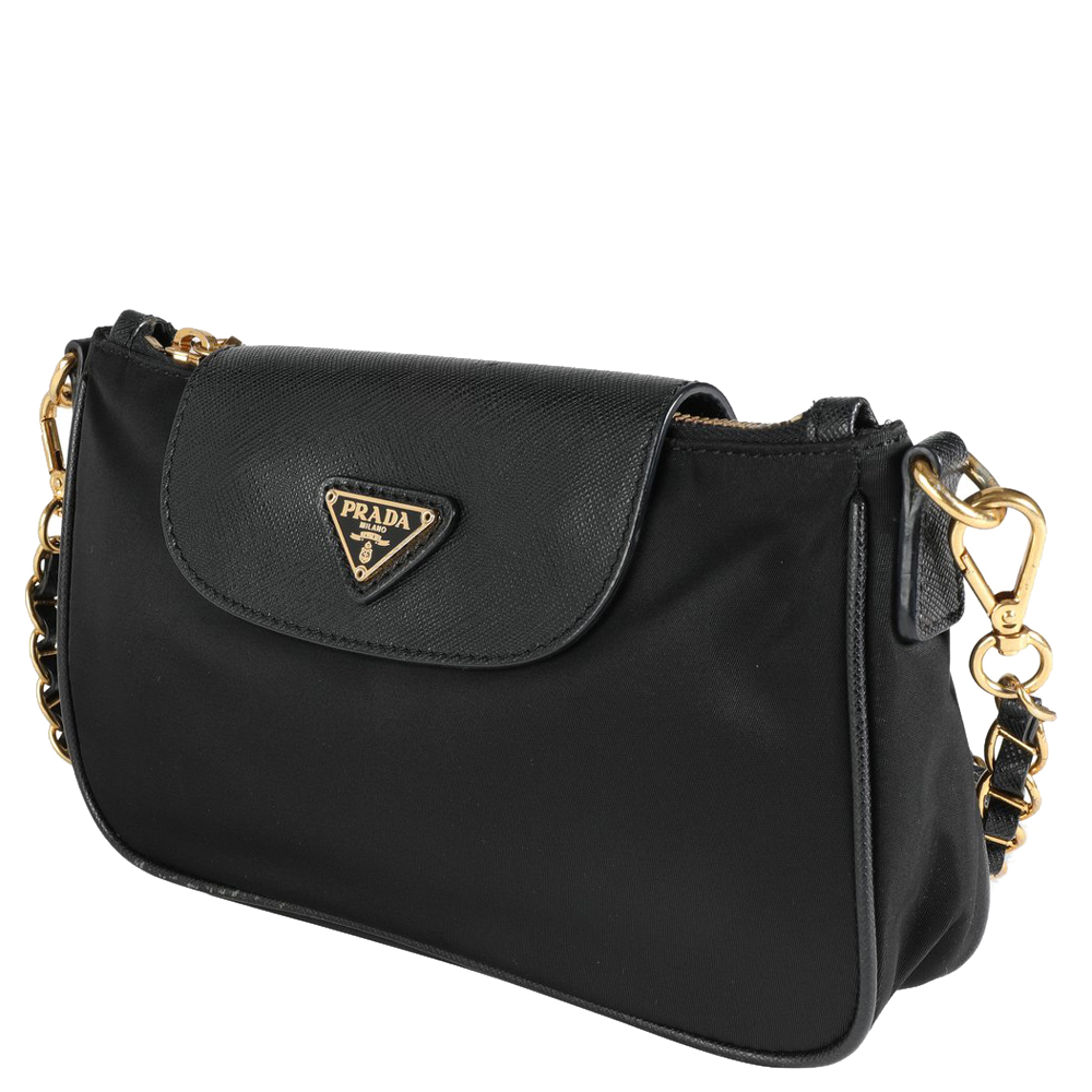 

Prada Black Nylon Saffiano Leather Chain Crossbody Bag
