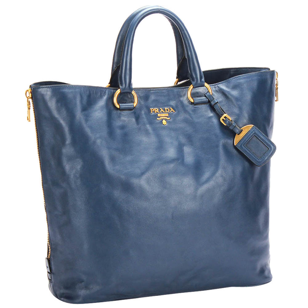 

Prada Blue Calf Leather Vitello Daino Shine Tote Bag