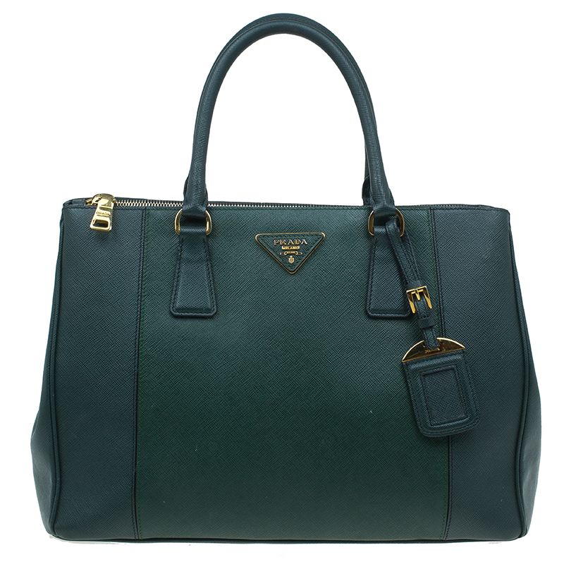 حقيبة يد برادا بسحاب مزدوج جلد سافيانو لوكس أخضر ثنائي اللون متوسطة 