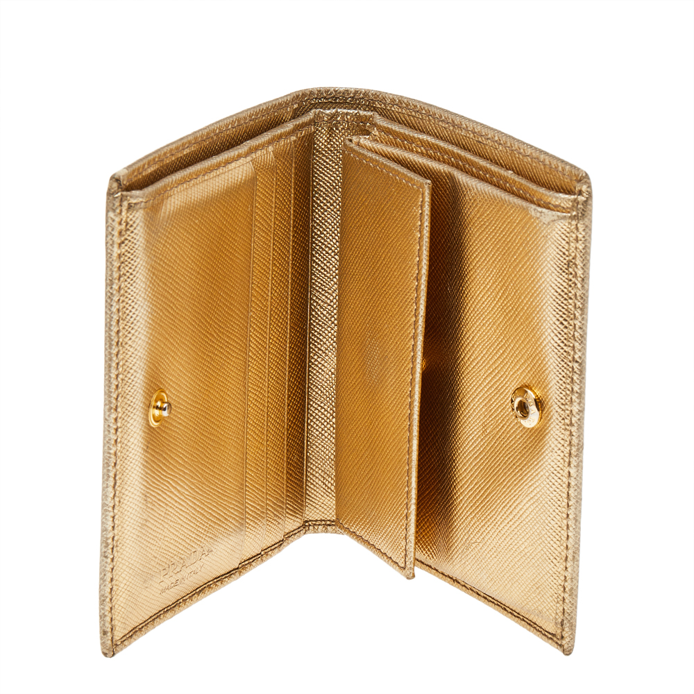

Prada Metallic Gold Saffiano Leather Flap Compact Wallet