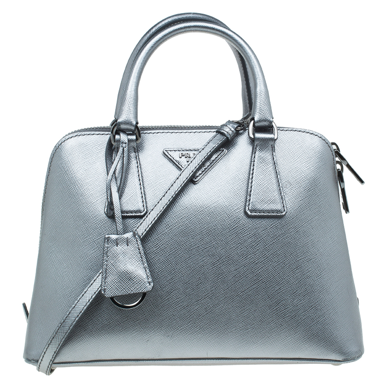 Prada Silver Saffiano Leather Small Vernice Promenade Top Handle Bag ...