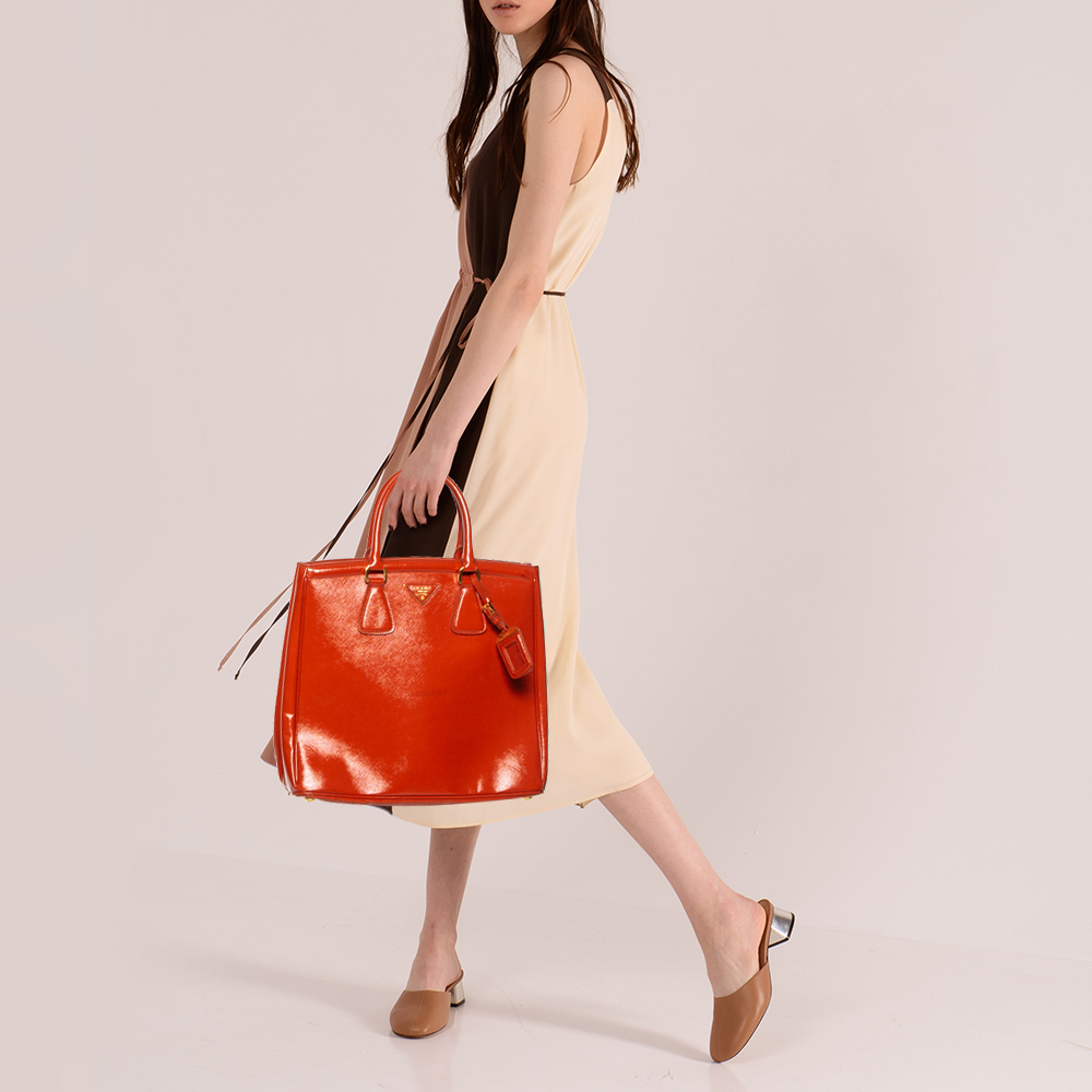 

Prada Orange Saffiano Vernice Leather Parabole Tote