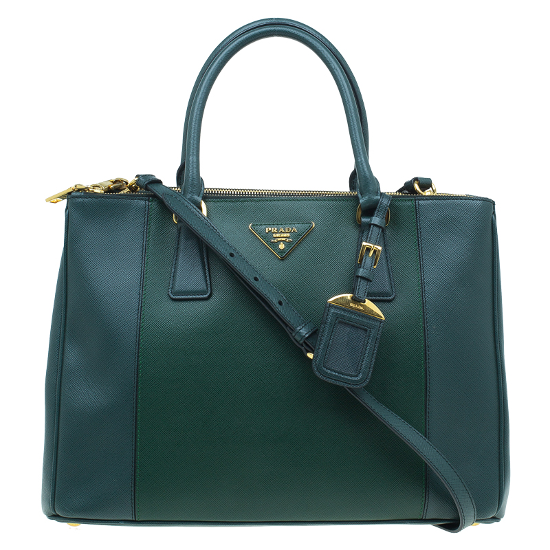 حقيبة يد برادا بسحاب مزدوج جلد سافيانو لوكس ثنائي اللون خضراء متوسطة
