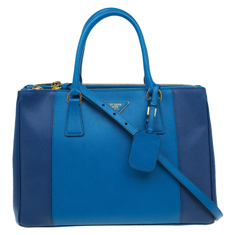 Pre Owned Prada Blue Bicolor Saffiano Lux Leather Medium Double Zip Tote