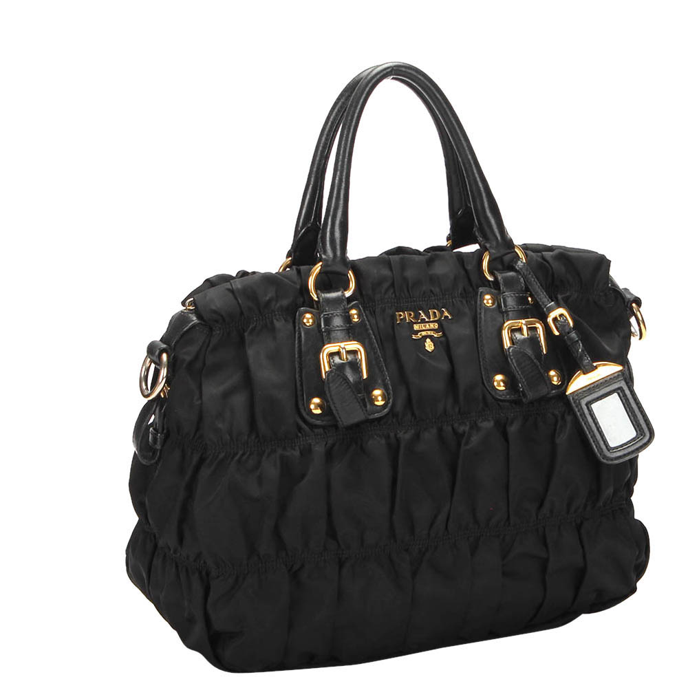 

Prada Black Nylon Leather Tessuto Gaufre Tote Bag