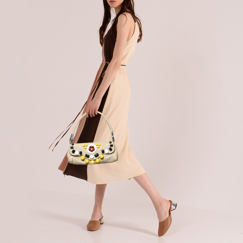

Prada Cream Leather Beaded Flap Shoulder Bag