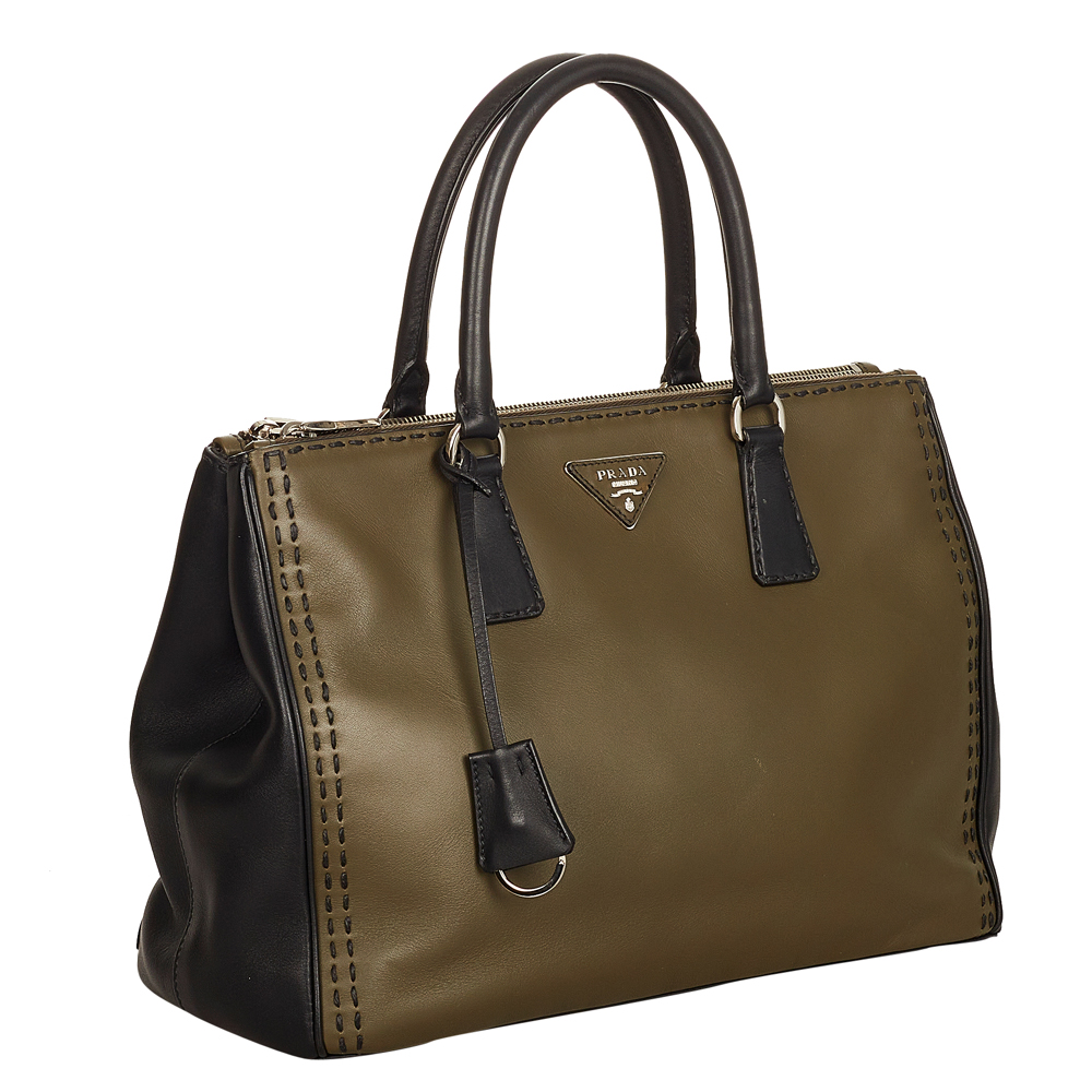 

Prada Brown/Khaki Leather Double Zip Satchel Bag