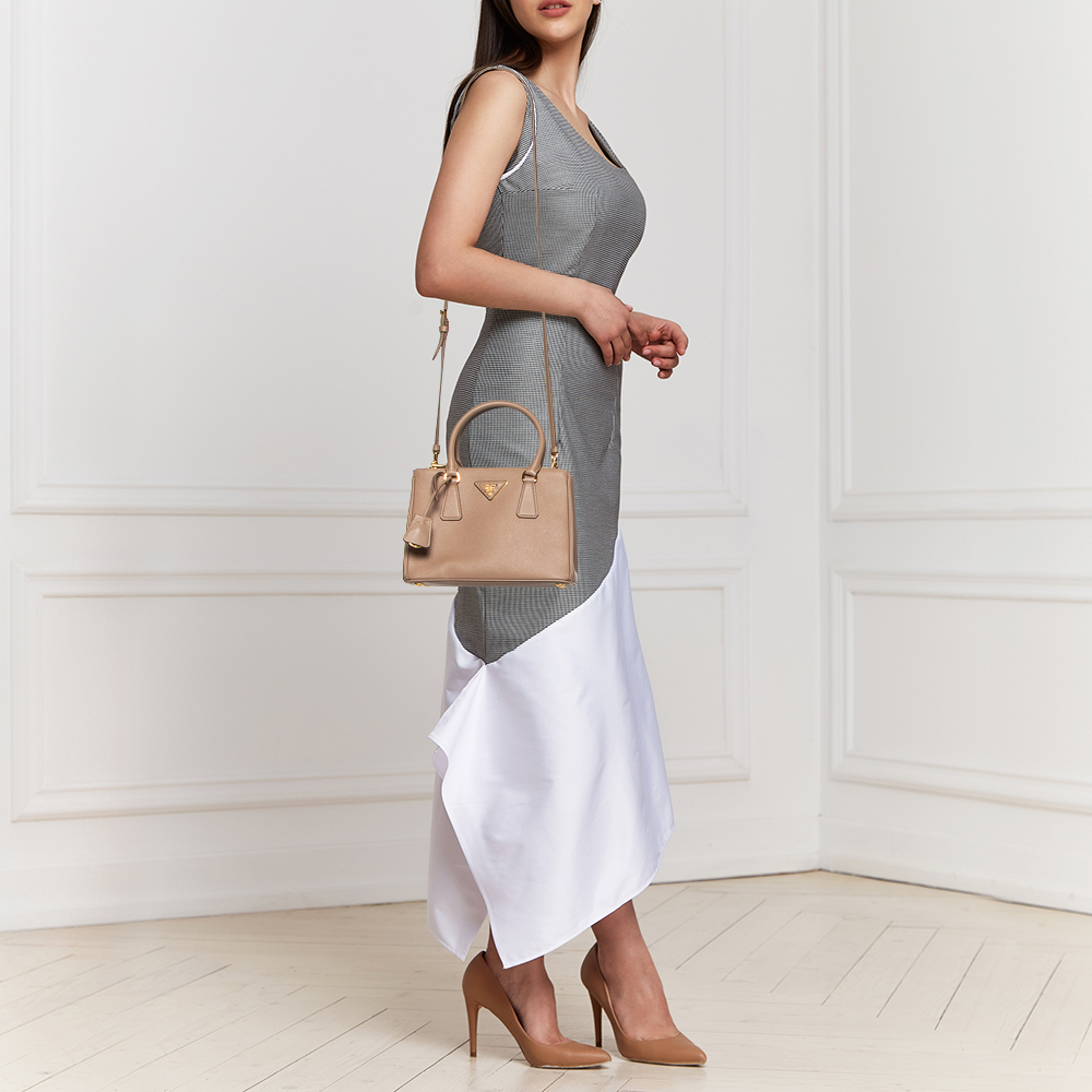 

Prada Cipra Saffiano Lux Leather Small Double Zip Tote, Beige