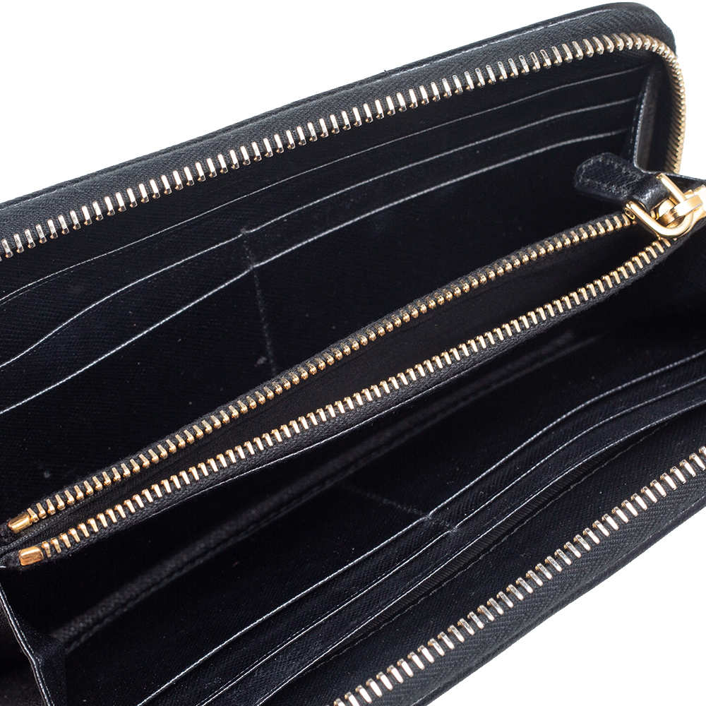 

Prada Black Quilted Saffiano Metal Leather Zip Around Continental Wallet
