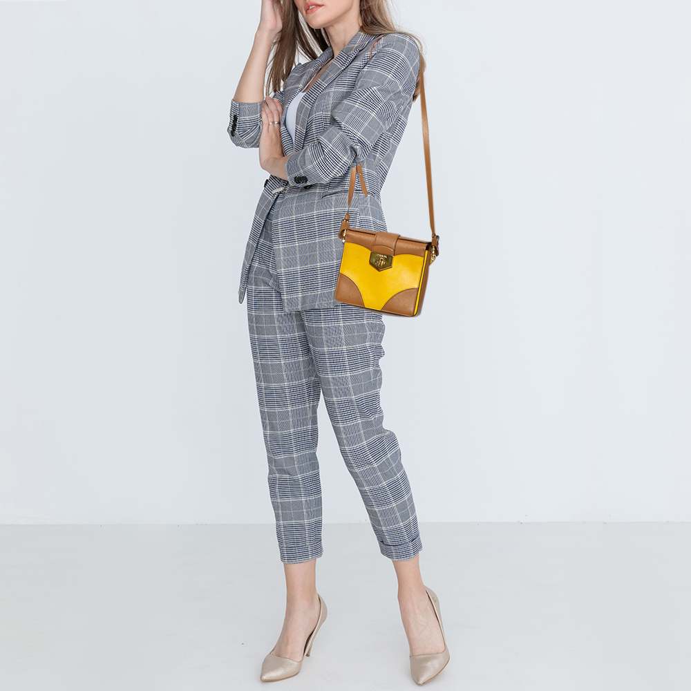 

Prada Brown/Yellow Saffiano Leather Turn-Lock Shoulder Bag