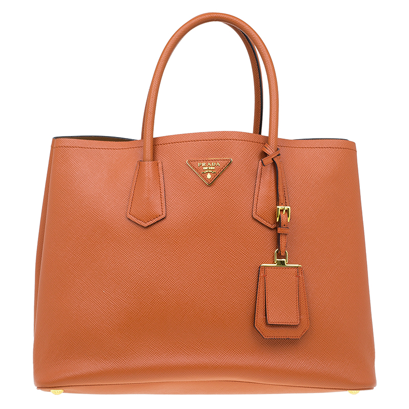Pre Owned Prada Orange Saffiano Leather Double Handle Tote 