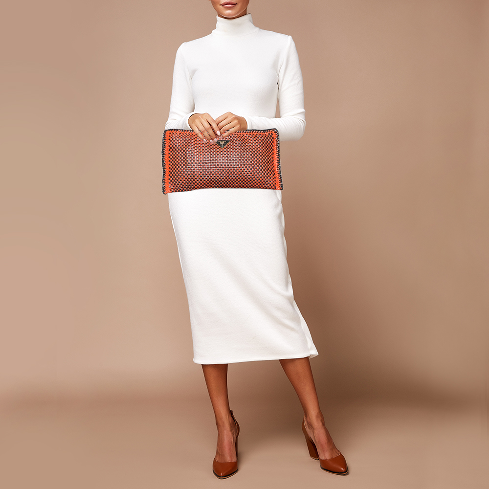

Prada Black/Orange Woven Leather Clutch