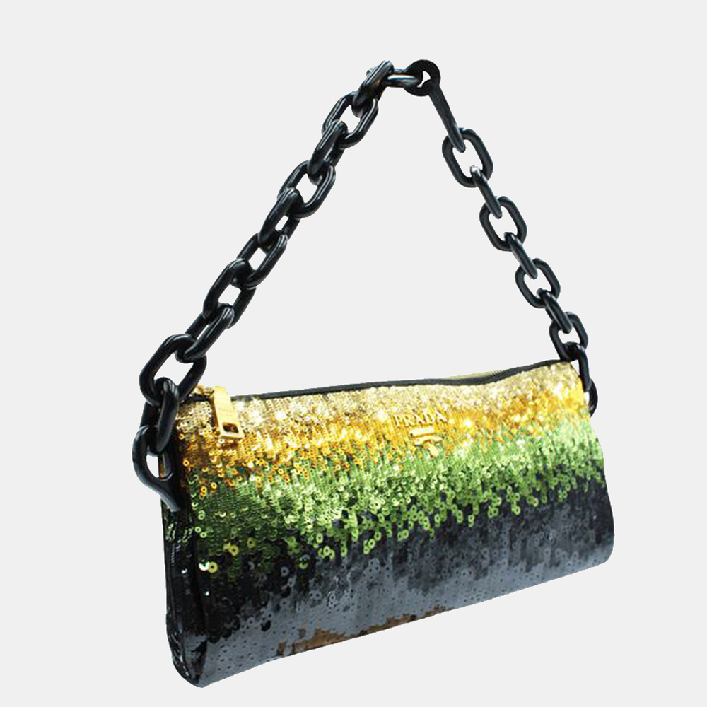 

Prada Black/Green Sequined Plastic Chain Clutch Bag