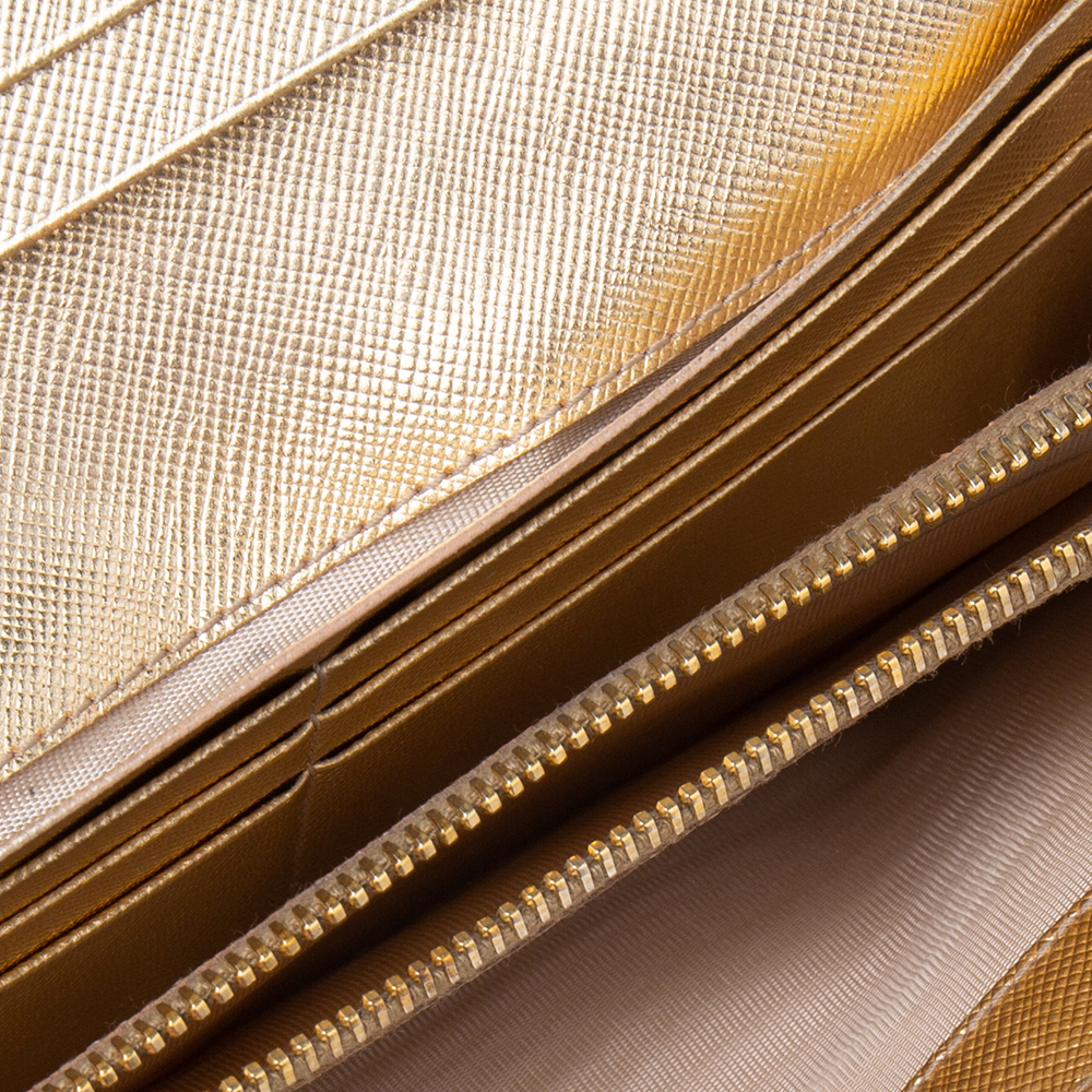 

Prada Gold Saffiano Metal Leather Logo Flap Continental Wallet