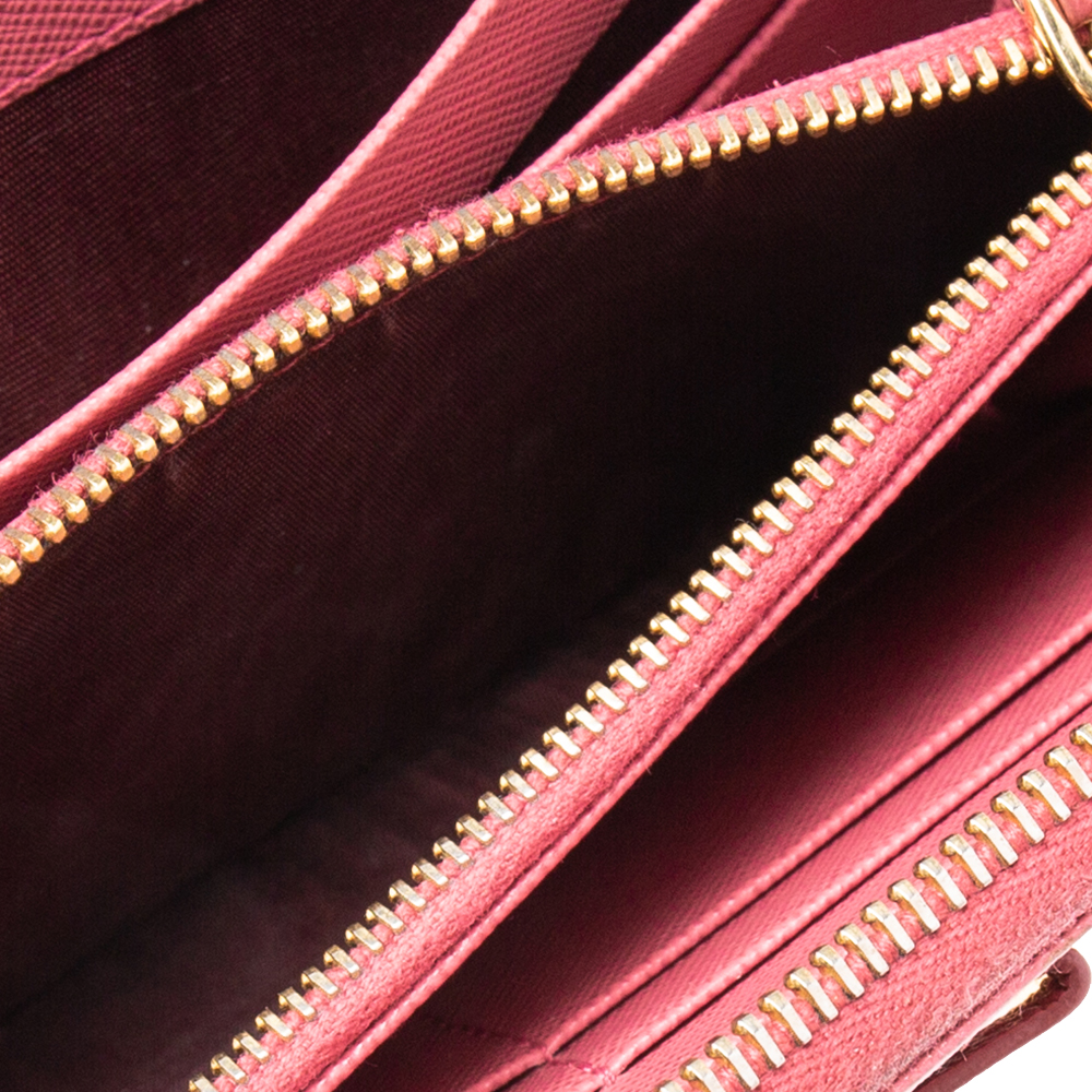 

Prada Pink Saffino Metal Leather Bow Zip Around Continental Wallet