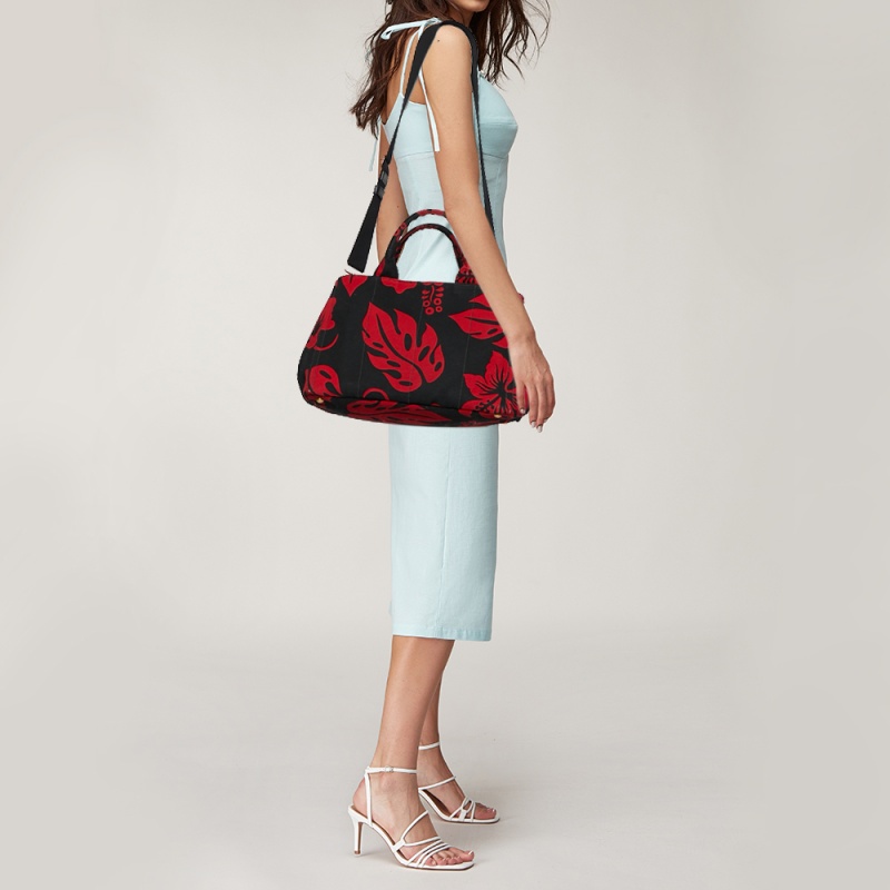 

Prada Red/Black Hibiscus Print Canvas Canapa Tote