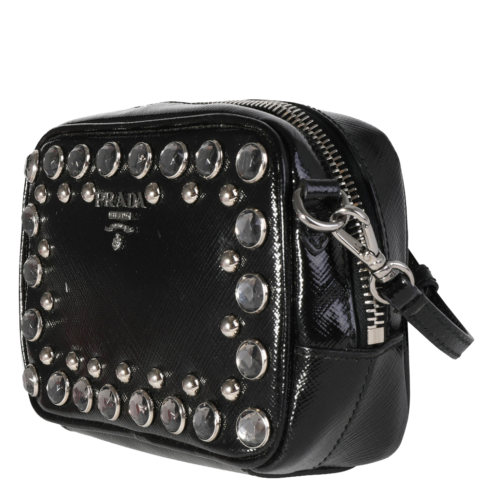 

Prada Black Crystal-Embellished Patent Saffiano Leather Mini Camera Bag