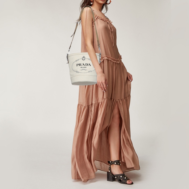 

Prada Off White/Brown Canvas and Leather Small Logo Bucket Bag