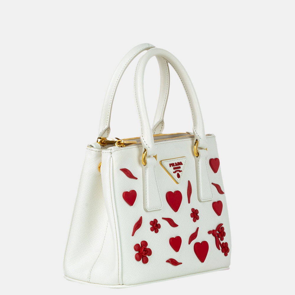 

Prada White/Red Saffiano Leather Limited Edition Valentine Galleria Heart Double Zip Bag