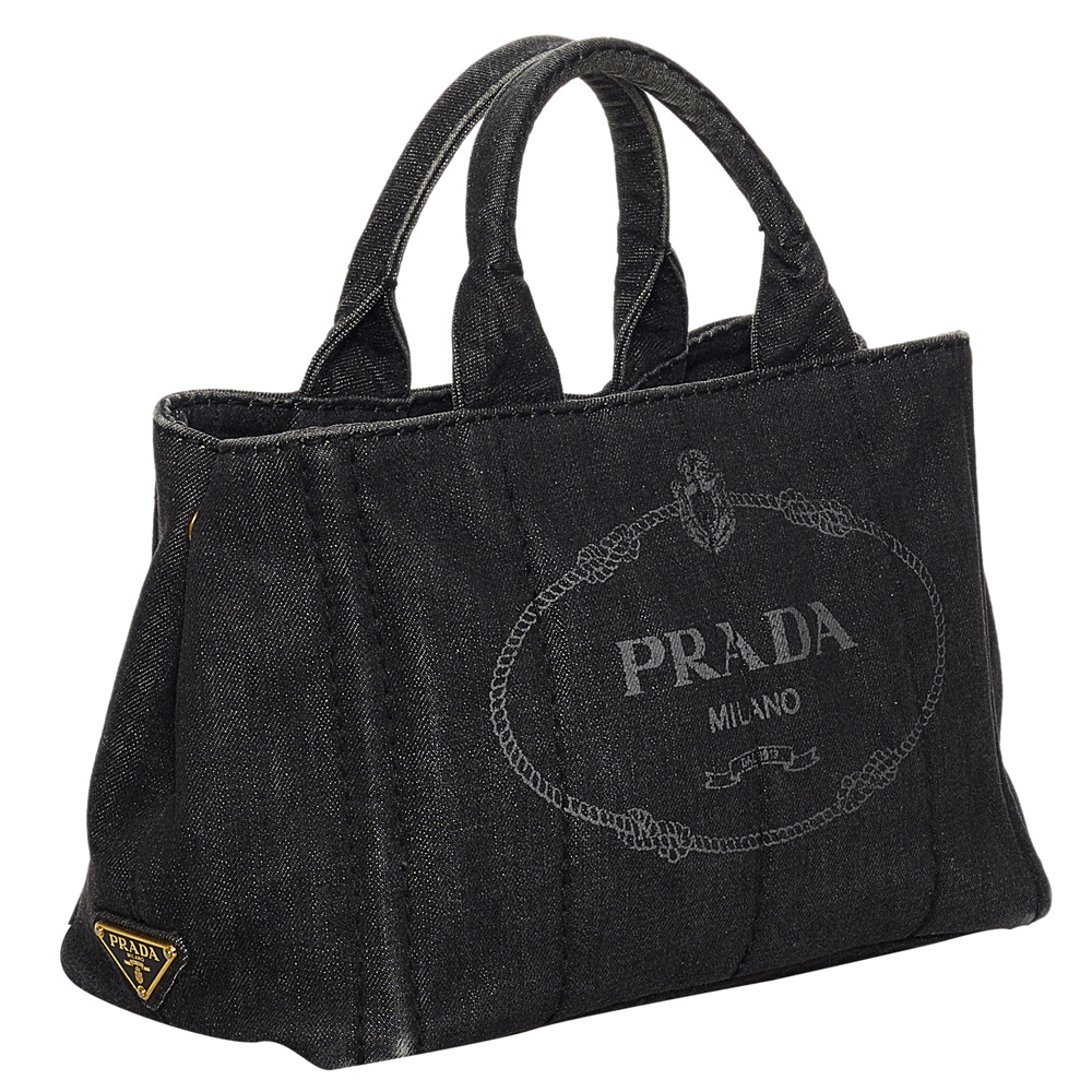 

Prada Black Denim Canapa Logo Tote Bag