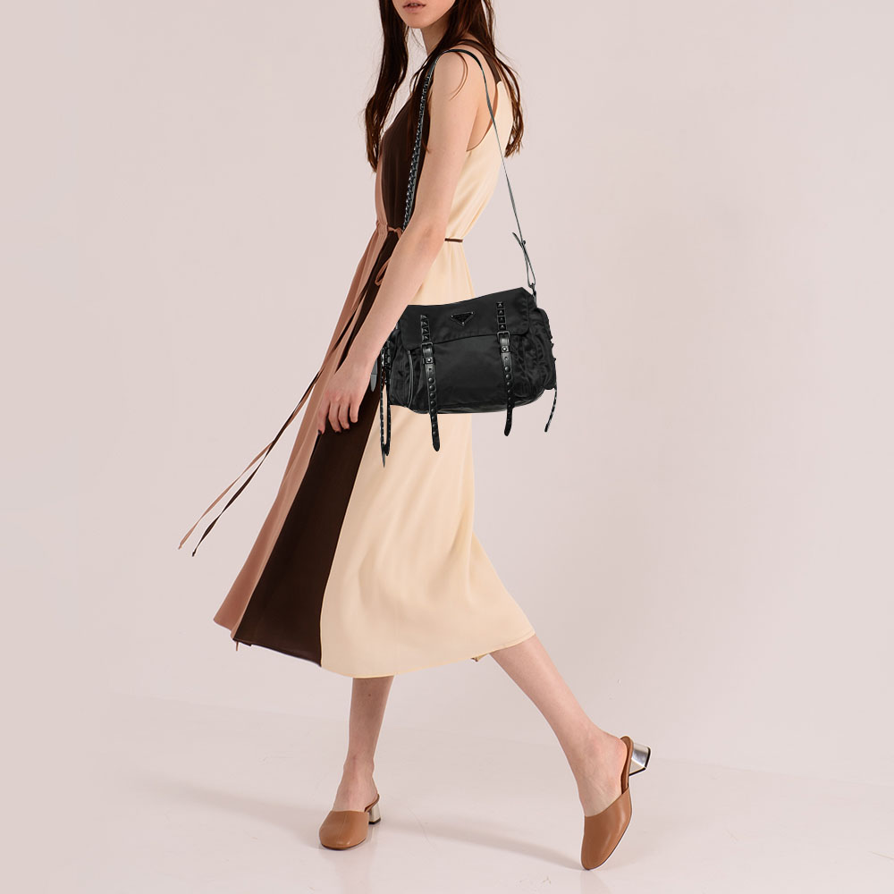 

Prada Black Nylon Studded Messenger Bag