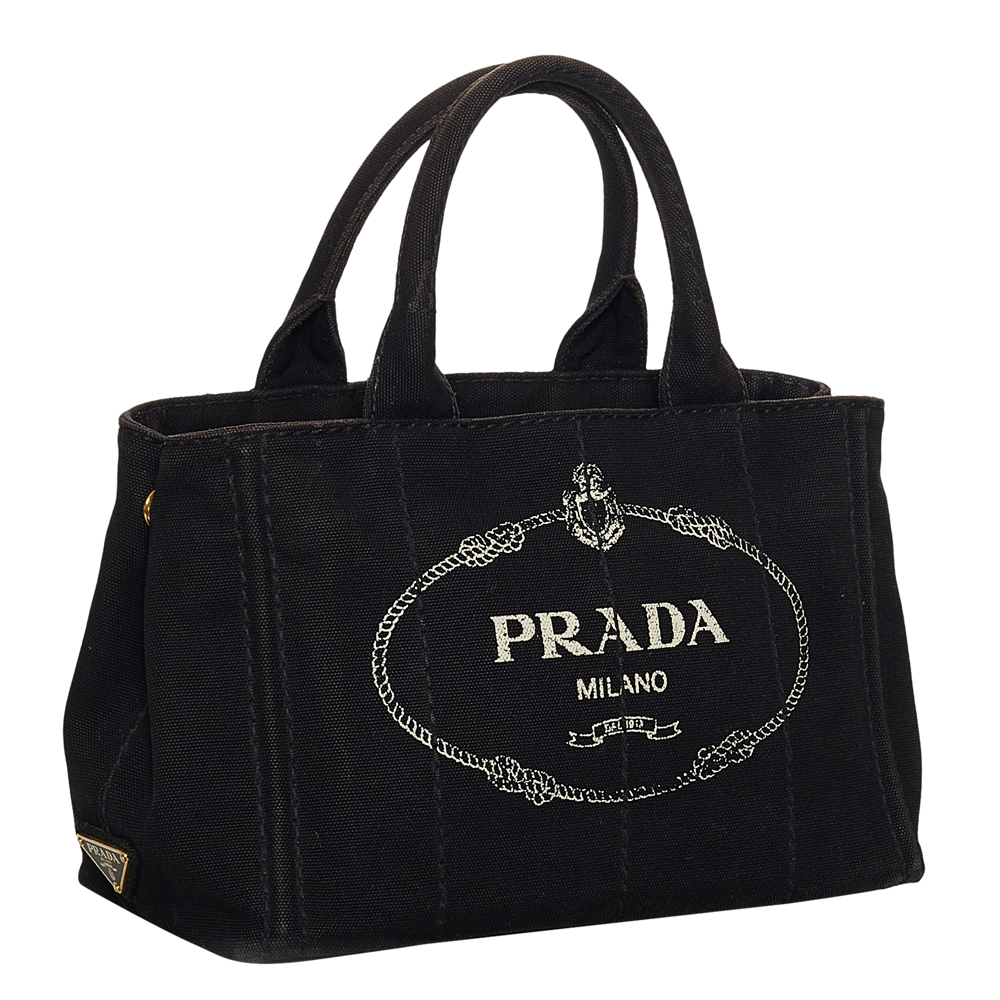 

Prada Black Canapa Logo Canvas Tote Bag