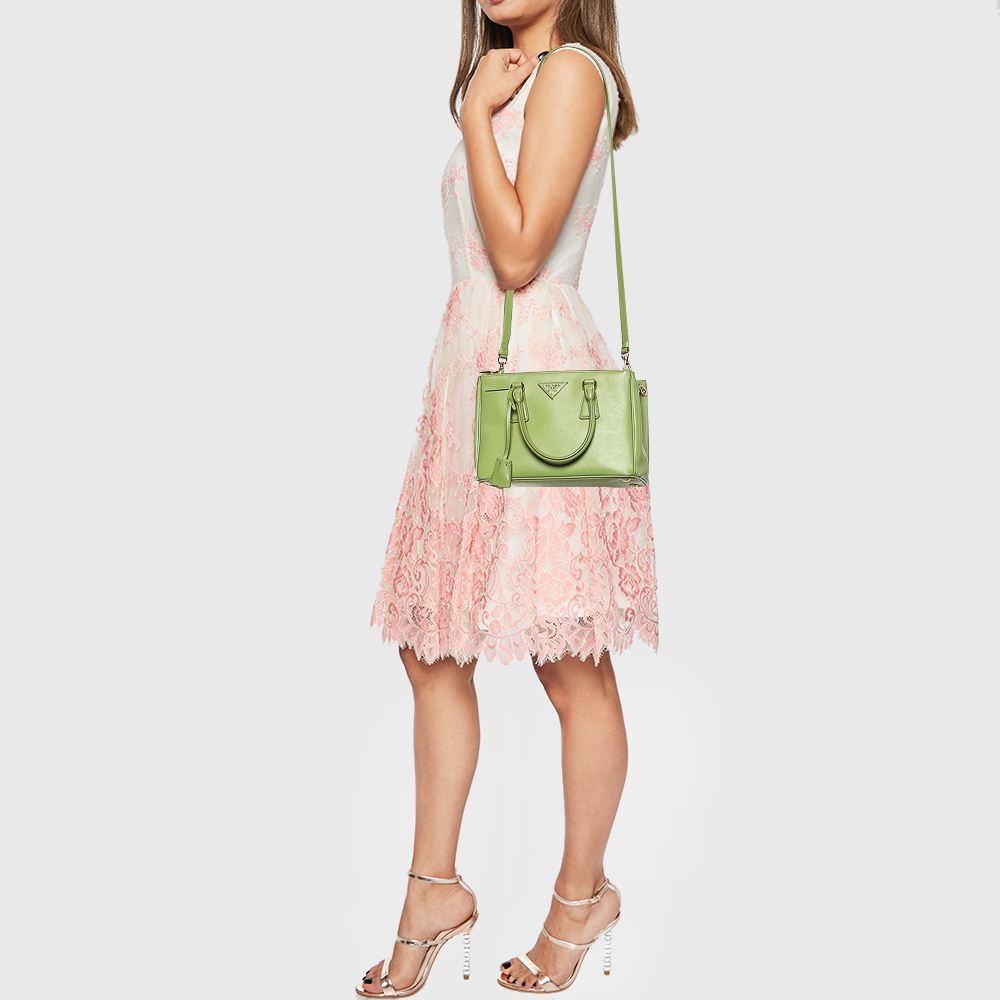 

Prada Light Green Saffiano Leather Small Double Zip Tote