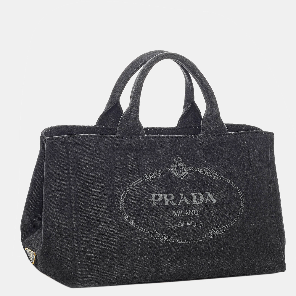

Prada Black Canapa Logo Denim Satchel