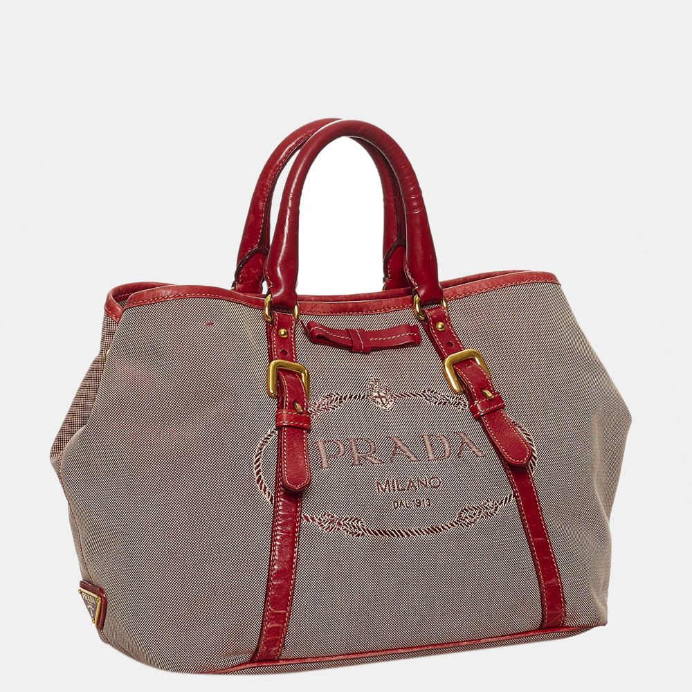 

Prada Beige/Brown/Red Canapa Logo Canvas Tote Bag