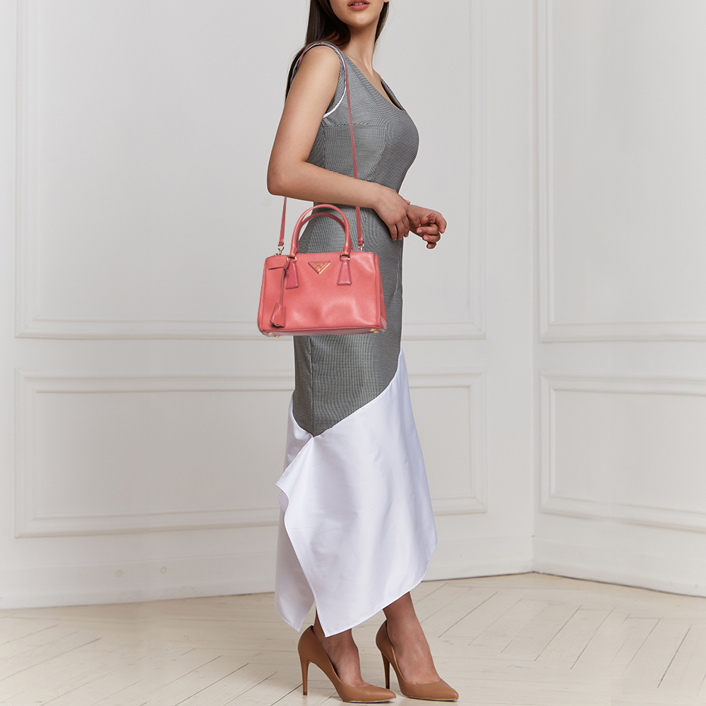 

Prada Rose Pink Saffiano Leather Small Double Zip Tote