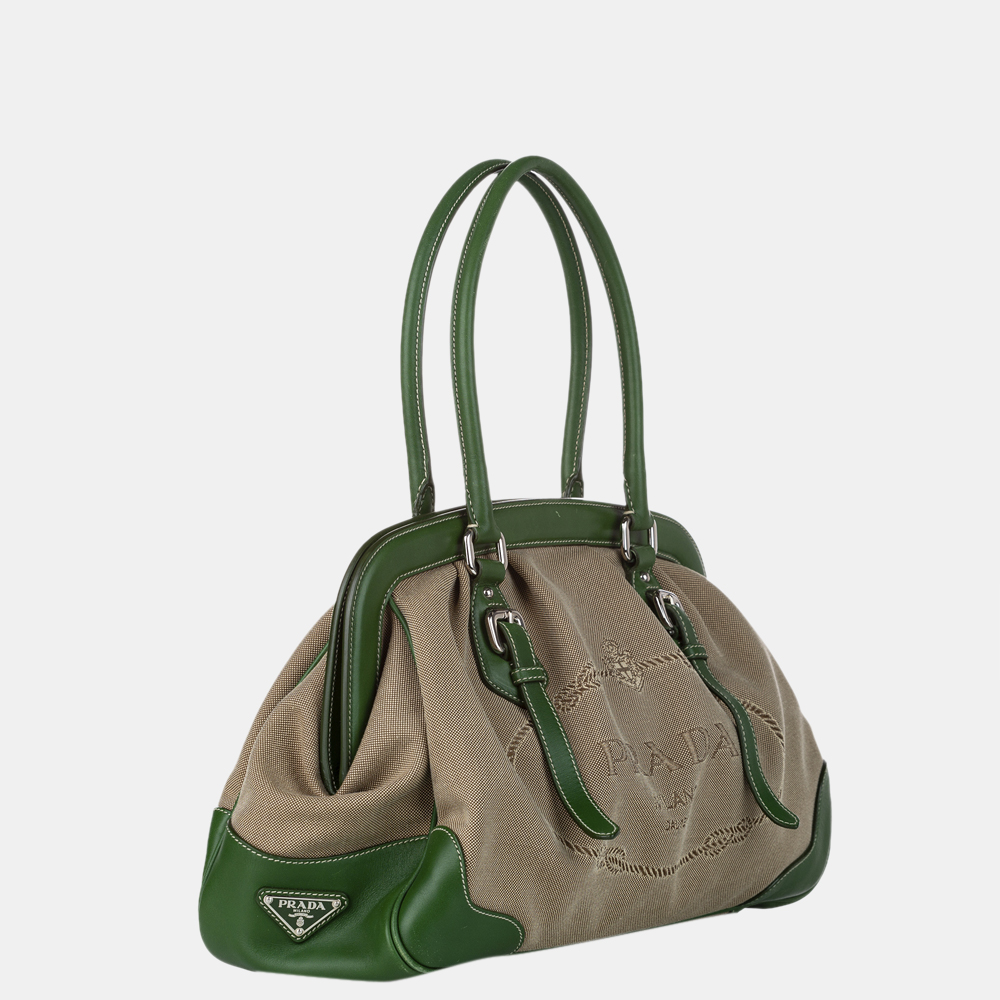 

Prada Brown/Green Canapa Logo Frame Handbag