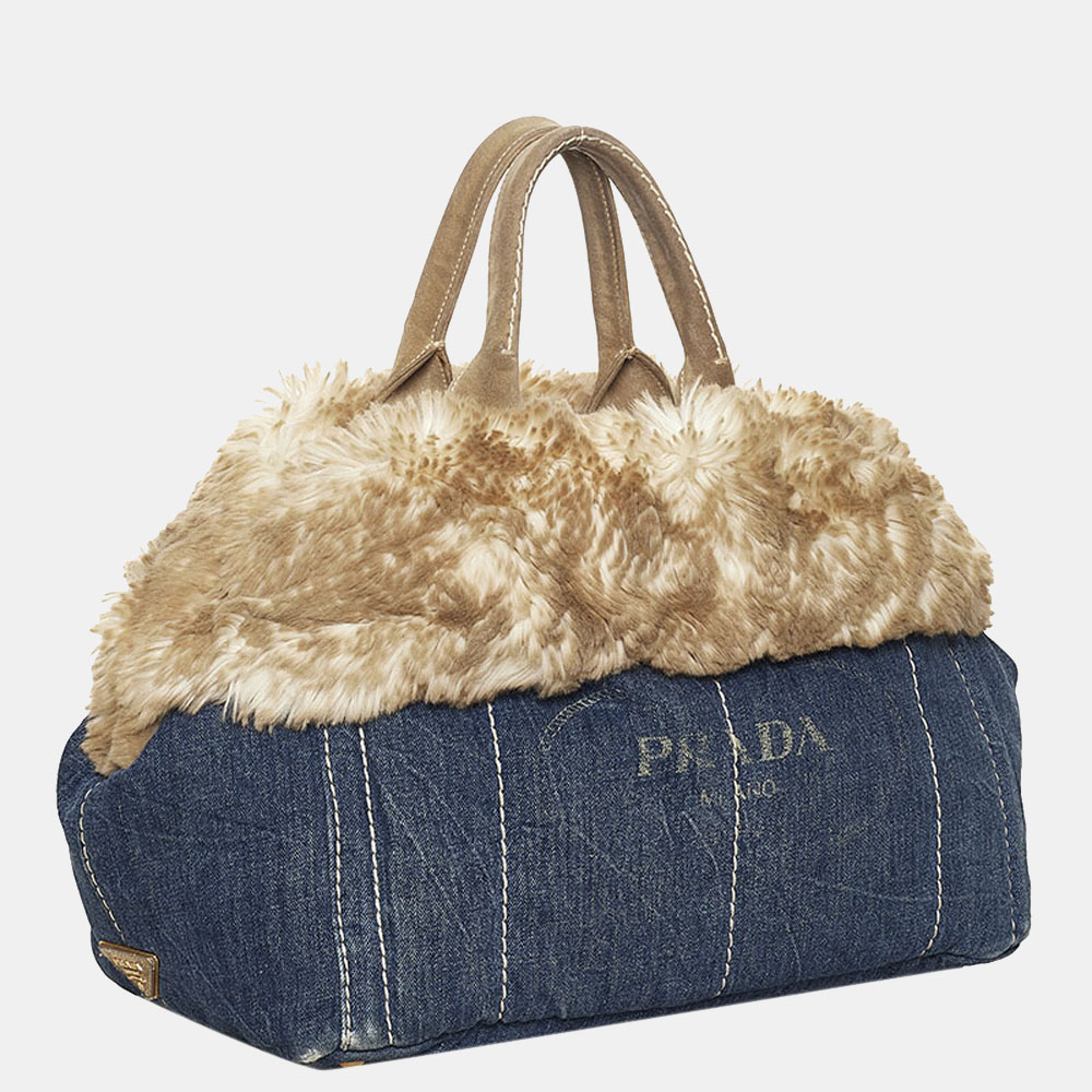 

Prada Blue Fur Leather Canapa Tote Bag
